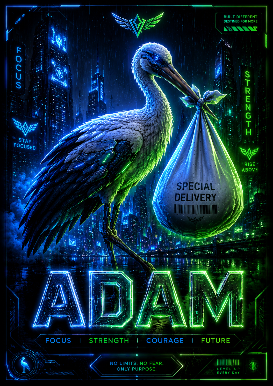 Personalized Cyberpunk Stork Poster with Name, Neon Nursery Wall